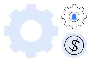 Dolar işaretinin daha küçük simgelerine sahip büyük teçhizat ve dişlilere uyarı çanı, otomasyonu, finans, uyarıları, bağlantıyı, verimliliği, sistem optimizasyonunu, işi sembolize ediyor. Süreç için ideal