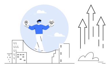 Şehir binaları arasında ampul ve el sıkışma arasında kıvrımlı bir yolda yürüyen biri. Yukarı bakan oklar ilerlemeyi ve hırsı yansıtır. İş için ideal, büyüme, yenilik