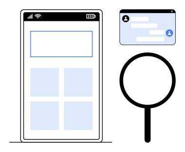 Uygulama arayüzü, sohbet penceresi ve arama için büyüteç içeren akıllı telefon ekranı. İletişim, teknoloji, kullanıcı etkileşimi, mobil uygulamalar, araştırma, yapay zeka sade iniş sayfası için ideal