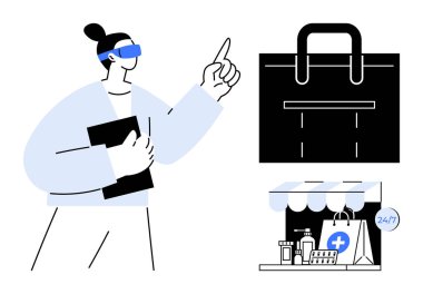 Alışveriş çantası ve eczane vitrininde 247 çanta perakende satış, teknoloji ve kolaylık içeren VR kulaklığı olan kişi. Çevrimiçi alışveriş, eczane, perakende, teknoloji ve yenilik için ideal