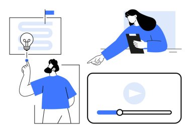 Ampul fikri üretimi, video ilerleme çubuğu ve pano ve işaret hareketleriyle işbirliği yapan profesyoneller. Yaratıcılık, takım çalışması, beyin fırtınası, yenilik ve eğitim için ideal