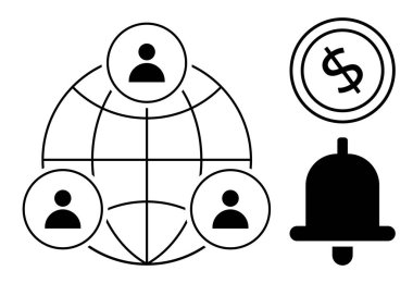 Bir ağdaki kullanıcı figürleriyle küresel bağlantı, bir çemberde dolar işareti, bir uyarı çanı simgesi. Takım çalışması, finans, iletişim, ağ oluşturma, işbirliği verimliliği uyarır. Düz