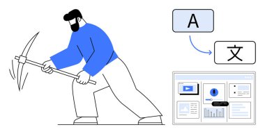 Dil simgeleri ve bir monitör ile birlikte kazma kazma işçisi, veri madenciliği, çeviri ve kaynak çıkarma temsil ediyor. Yapay zeka, yerelleştirme, otomasyon, teknolojik yenilik için ideal