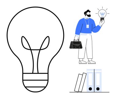 Profesyonel parlayan ampul, büyük boy ampul ve ofis klasörleriyle yeniliği simgeliyor. Yaratıcılık, problem çözme, beyin fırtınası, iş stratejisi, eğitim için ideal