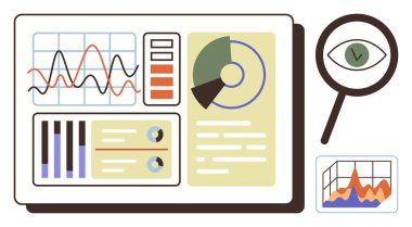 Veri içgörüsü için çizgi grafiği, pasta grafiği, bar tablosu ve büyüteç içeren etkileşimli grafik paneli. Analiz, araştırma, izleme eğilimleri, karar verme ve üretkenlik için ideal görsel