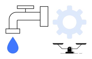 Musluk açık mavi damla, vites sembolize süreci ve dengeyi gösteren ölçek. Sürdürülebilirlik, kaynak yönetimi, verimlilik, karar verme mekanizması, adalet, çevre bakımı için ideal