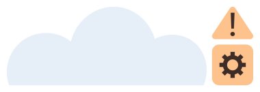 Uyarı üçgeni ve teçhizat sembolüyle birlikte mavi bulut, sistem alarmı, sorun giderme, bulut bakımı. IT, veri sorunları, servis güncellemeleri, hata işleme, bulut tabanlı