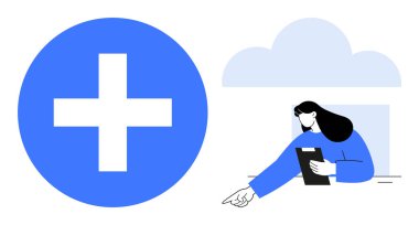 Sağlık çalışanı elinde büyük mavi bir haç, bulut elementi ve uzatılmış bir el hareketi olan bir pano tutuyor. Sağlık hizmetleri, çevrimiçi hizmetler, tıbbi araçlar, teletıp, bulut sistemleri, takım çalışması için ideal