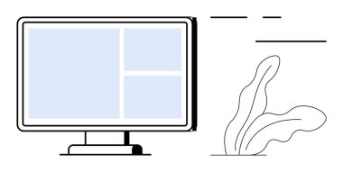 Soyut bitki grafiğinin yanındaki ızgara içeriği düzenini gösteren masaüstü monitörü. Web tasarımı, kullanıcı arayüzü, teknoloji, işyeri, basitlik, yaratıcılık ve odaklanma konuları için ideal. Temiz daire