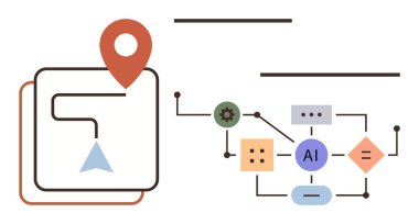 Yapay zeka tabanlı işlem akışı, düğümler, dişliler ve oklar yanında konum pin ve yol haritası. Teknoloji, veri, lojistik, algoritmalar, otomasyon, ağ eğitimi için ideal basit düz metafor