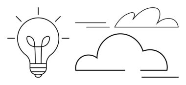 Işıklı ampul fikirler ve enerjiyi sembolize eder, basitlik için çizilmiş bulutların ve çizgilerin yanına yerleştirilir. İlham, yaratıcılık, yenilik, beyin fırtınası, vizyon, ilerleme için ideal, basit düz