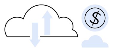 Veri alışverişini temsil eden yukarı ve aşağı oklarla bulut, mali işlemleri sembolize eden dolar simgesi. Finans, teknoloji, bulut hesaplama, veri alışverişi, ekonomi ve dijital için ideal