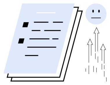 İşaretli kutular, metin satırları, yükselen oklar ve nötr bir yüz simgesi içeren istiflenmiş kağıt belgeler. Üretkenlik araçları, geri bildirim, ilerleme, tarafsızlık, görev yönetimi iş akışı başarısı için ideal