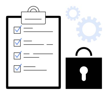 Kontrol listeli pano, mavi işaretler, güvenlik kilidi ve vites, görev tamamlama, gizlilik ve verimliliği temsil ediyor. Organizasyon, yönetim siber güvenlik koruma iş akışı için ideal