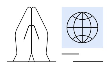 Küreye yakın bir yerde dua ederken çizilmiş eller. Temalar için idealler ruhaniliği, küresel birliği, barışı, meditasyonu, insanlığı, bağlantıyı ve farkındalığı ön plana çıkarır. Basit bir düz metafor.