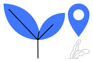 Mavi yapraklar bir konum belirteci ve küçük çizgi-sanat filizi ile eşleştirilmiş. Sürdürülebilirlik, büyüme, konum tabanlı hizmetler, doğa, çevre dostu girişimler, navigasyon, tarım için idealdir. Basit düz