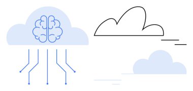 Dijital çizgilerle bağlantılı bir bulutun içindeki beyin, basit bulut elementleri. Yapay zeka, makine öğrenimi, bulut teknolojisi, yenilik, bağlantı, sinirsel ağ teknolojisi için idealdir. En düşük düz