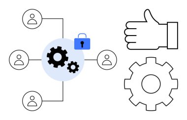 Kullanıcı simgeleri, vitesleri ile ağ diyagramı, sembolize işbirliğini, güvenliği ve takım çalışmasını simgeliyor. Büyük başparmak kaldırma ikonu ve bireysel dişliler onay ve verimliliği vurguluyor. Organizasyon için ideal