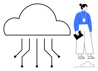 Aşağıda bağlı devre uzantıları ile büyük bulut grafiği, teknoloji ve ağı sembolize ediyor. Yanında pano olan bir kadın. Teknoloji için ideal, bulut hesaplama, ağ oluşturma
