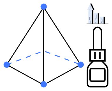 Geometrik piramit bağlı düğümler, büyüme çubuğu grafiği ve bir göz damlası kabı. Veri yönetimi, büyüme stratejisi, tıbbi yenilik, analitik, tasarım, geometri basit iniş sayfası için ideal