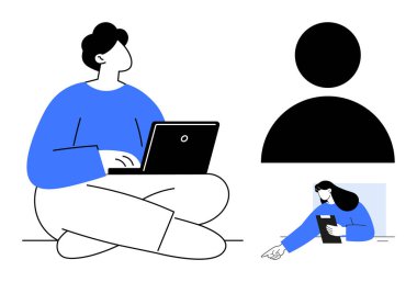 Laptop, soyut insan profili ve kullanıcı etkileşimi üzerinde çalışan kişi. Dijital iletişim için ideal, uzak çalışma, kullanıcı profili, takım çalışması, tasarım, teknoloji sade iniş sayfası