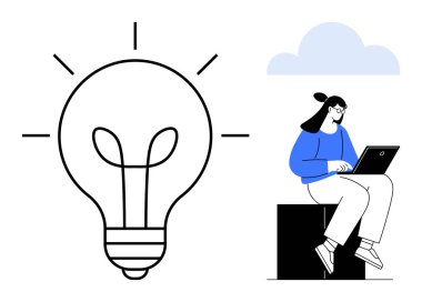 Dizüstü bilgisayarı olan bir kadın, büyük ampul fikri sembolize ediyor. Yaratıcılık, yenilik, uzaktan çalışma, beyin fırtınası, problem çözme, motivasyon öğrenme için idealdir. Basit bir daire.