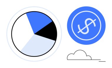 Mavi ve siyah segmentli turta grafiği, dairesel çerçeveli dolar işareti ve minimum bulut. Finans, ekonomik planlama, analitik, istatistik, yatırım karlılık işi için ideal. Basit.