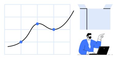 Grafik eğrisine, açık grafiğe ve çalışma alanına dizüstü bilgisayarla bakan bir adamın sunumu. Analiz, planlama, strateji, yenilik, ilerleme ve iş büyümesi için ideal