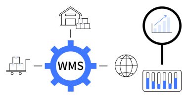 Üzerinde WMS linkleri ambar, el arabası, dünya, analitik grafik ve envanter paneli etiketli. Lojistik, tedarik zinciri, e-ticaret, otomasyon depolama analitik basit iniş sayfası için ideal