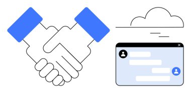 Sohbet penceresinin yanında el sıkışmak ve bulut elementi takım çalışmasını, iletişimi ve dijital işbirliğini simgeliyor. İşbirliği, ağ, iş, ortaklık, SaaS ve mesajlaşma için ideal