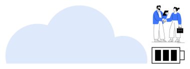 İki iş adamının el sıkıştığı ve düşük pil göstergesi ile eşleştirilmiş dizüstü bilgisayar kullanan bir bulut simgesi. Takım çalışması, teknoloji, bulut depolama, yenilik, enerji yönetimi, üretkenlik için ideal