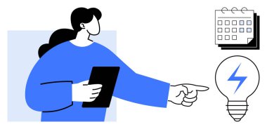 Tablet tutan kadın, yaratıcı fikir sembolünü yıldırımlı ampul olarak gösteriyor. Takvim programlama, planlama ya da zaman yönetimi gösteriyor. Yenilik, yaratıcılık, üretkenlik için ideal