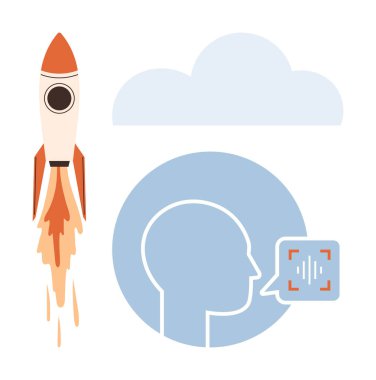 Roket konuşma ve bulut simgelerinin yanında patlıyor. Yenilik, teknoloji, bulut hesaplama, iletişim, yapay zeka, başlangıç büyümesi ve ilerleme kavramları için idealdir. Basit düz metafor