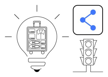Seyahat fikirlerini temsil eden bir ampulün içine paketlenmiş bavul ağ oluşturmak için bağlantı ikonu ve yön için trafik ışığı. Seyahat planlama, yenilik, hareketlilik, bağlantı ve şehir için ideal