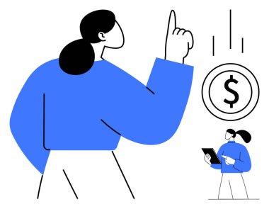 Kendine güvenen kadın madeni para sembolünün yanında yukarı doğru hareket ederken, asistan tableti kontrol ediyor. Finans, takım çalışması, planlama, büyüme, karar verme, yenilik, basit iniş sayfası için ideal