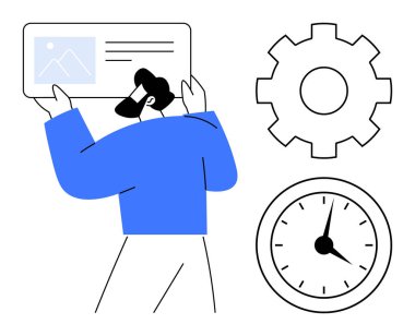 Elinde belge tutan adam, ayarları temsil eden ekipman, saati gösteren saat. Üretkenlik, verimlilik, planlama, iş akışı, zaman teknolojisi takım çalışması kavramları için idealdir. Basit düz metafor