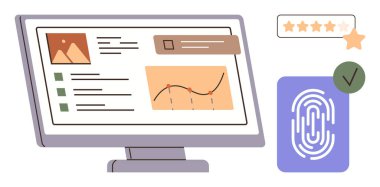Veri grafikleri, kontrol listesi, bildirimler, parmak izi kimliği ve yıldız derecesini gösteren dijital monitör. Analiz, güvenlik, çevrimiçi geri besleme, kimlik doğrulama dijital tasarım veri takip kullanıcısı için ideal