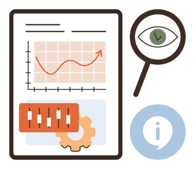 Grafikli veri sayfası, bir göz simgesini vurgulayan büyüteç, ayarlar kaydırıcıları ve bilgi sembolü. Araştırma, eğilimler, veri analizi, izleme, karar verme optimizasyonu için ideal basit düz