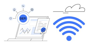 Merkezi finans merkezi, grafikler, sertifikalı belgeler ve hizmetleri temsil eden ikonlar içeren dizüstü bilgisayarlar. Kablosuz sinyali olan yakın bulut. Finans, bağlantı, engelleme zinciri ve teknoloji için ideal