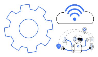 Dişliler, kablosuz sinyalli bulutlar, bağlı araçlarla görev yapan robotlar. Otomasyon için ideal, yapay zeka, bulut teknolojisi, ağ oluşturma, robot yenilikleri takım çalışması. Basit düz metafor
