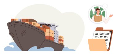 Dalgalarda konteynırları olan kargo gemisi, ikili veri gösteren dijital tablet, uzaktan iletişim kuran kişi. Lojistik, taşımacılık, ticaret, veri yönetimi, küresel işletme, haberleşme arzı için ideal