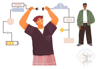 İki kişi bir teknoloji projesinde, bağlantıları, veri akışını ve bulut hesaplamasını görselleştirmek için işbirliği yapıyor. Takım çalışması, yenilik, teknoloji, iletişim, problem çözme gelişimi için ideal basit bir daire