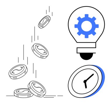 Düşen paralar mali yatırımı simgeler, teçhizatlı ampul yeniliği simgeler, saat ise zaman tahsisini. İş için ideal, yaratıcılık, verimlilik, ekonomi, üretkenlik, zaman