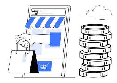 Alış veriş torbaları ve bir yığın bozuk para getiren online alışverişleri birbirine bağlayan akıllı telefon mağaza simgesi. E-ticaret, çevrimiçi alışveriş, finans, dijital pazarlama, satış, büyüme için ideal