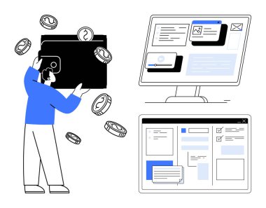 Bozuk paralar havada süzülürken yanında masaüstü ve web arayüzlerini gösteren bilgisayar ekranları olan büyük boy cüzdan tutan bir adam. Finans, teknoloji, e-ticaret, çevrimiçi ödeme, web tasarımı için ideal