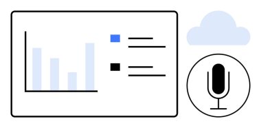Efsane, mikrofon simgesi ve analitik, kayıt, bulut depolama, yayınlama, podcast, sunumlar ve içerik oluşturmayı gösteren bulut simgesi içeren bar tablosu. Basit bir iniş sayfası için ideal