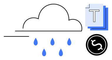 Yağmur damlalı bulut, metin belgeleri ve para birimi simgesi bulut hesaplama, veri depolama, kaynak paylaşımı, dijital ekonomi, uzaktan çalışma, teknolojik yenilik, basit iniş sayfasını sembolize eder