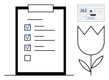 Kontrol listesi, mavi işaretli pano ve çerçevelenmiş veri grafikleri ve lale resimleriyle birlikte boş kutu. Üretim, organizasyon, planlama, görev yönetimi, analitik ve iş akışı için ideal