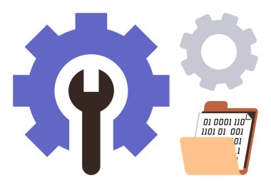 Teçhizatı çevir, dizinde ikili kod olsun ve arka planda daha küçük teçhizat olsun. Teknoloji, bakım, onarım, programlama, veri yönetimi dijital araçları ve sistem optimizasyonu için ideal. Basit.