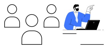 Üç basitleştirilmiş takım üyesi dinlerken, yönetici konuşma sırasında dizüstü bilgisayarda güven içinde el kol hareketi yapıyor. Takım çalışması, liderlik, strateji, toplantı, sunum, yönetim, iletişim için ideal. Basit düz